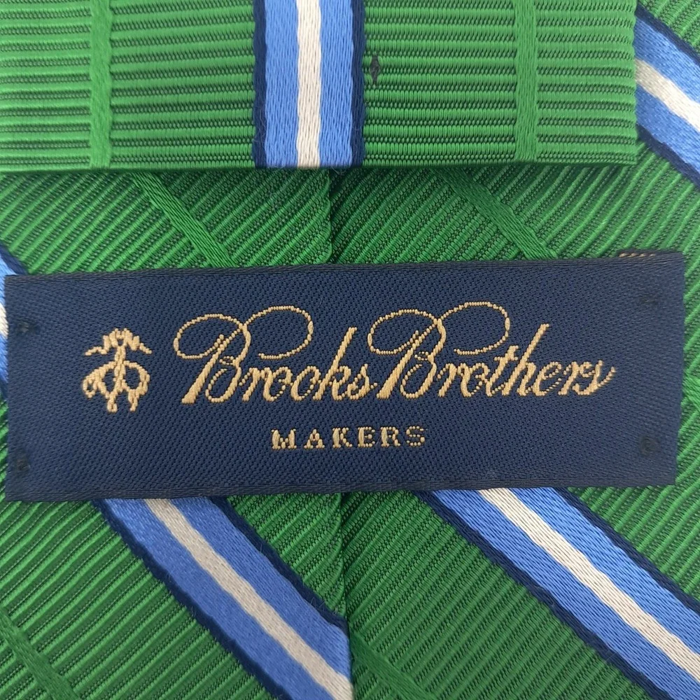 Brooks Brothers Makers Tie Green Blue Stripe Silk Cotton Woven England Made USA